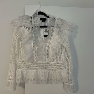 Gracia Sheer Lace Ruffle Arm White Peplum Style Blouse Size Large NWT